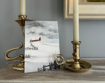 Red Barn in Snow Original Watercolor Art Print Winter Cabin