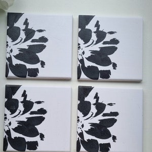 Black & White Flower Coasters Set Of 4 Handmade Decoupage Heavy Ceramic Tiles