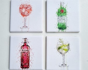 Gin Drinks Coasters Set Of 4 Handmade Decoupage Heavy Ceramic Tiles