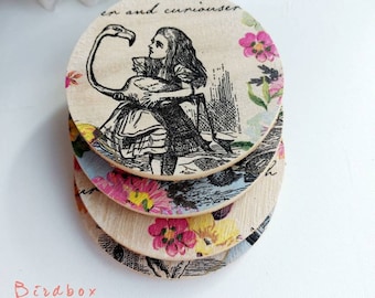 Wooden Coaster Set | Alice in Wonderland Design Set Of 4 Handmade Decoupage