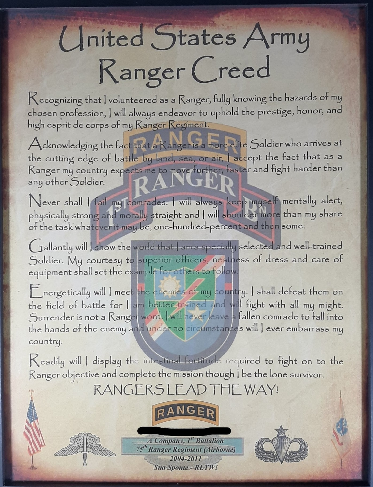 BEST Army Ranger Creed Aged Parchment All Battalions Available Etsy