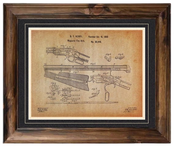 特大　ビンテージ銃器図面アートプリント木製額縁 Vintage Firearms Patent Reproduction: Henry Rifle 1860 Custom