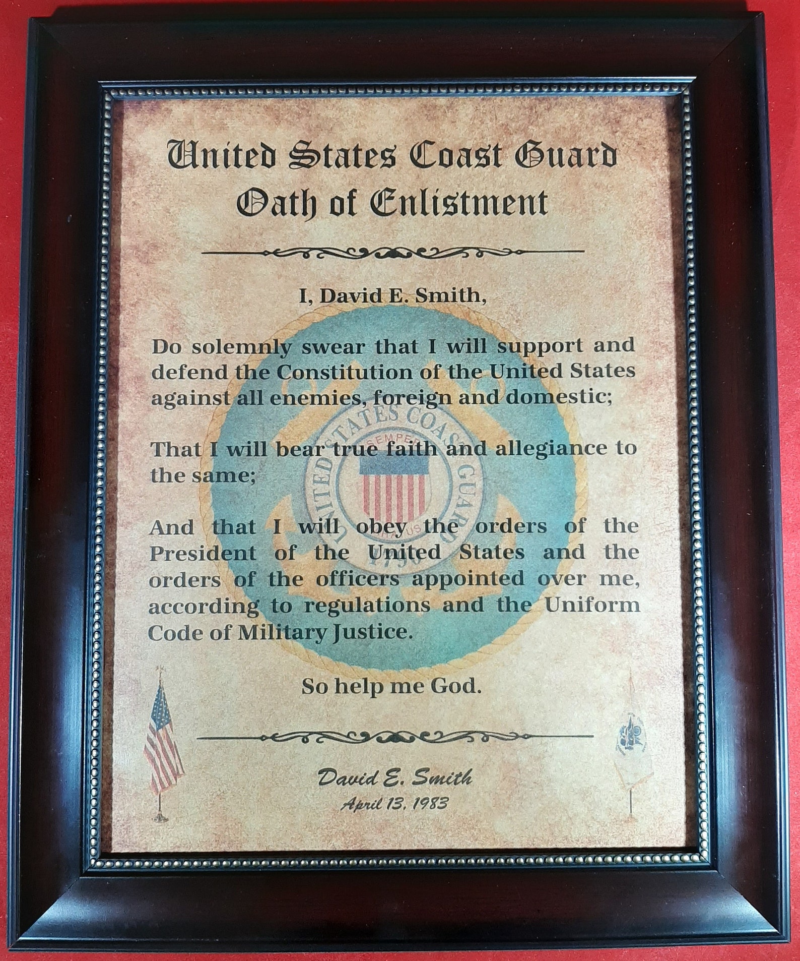 Oath of Enlistment Certificate U.S. Coast Guard PERSONALIZED Etsy