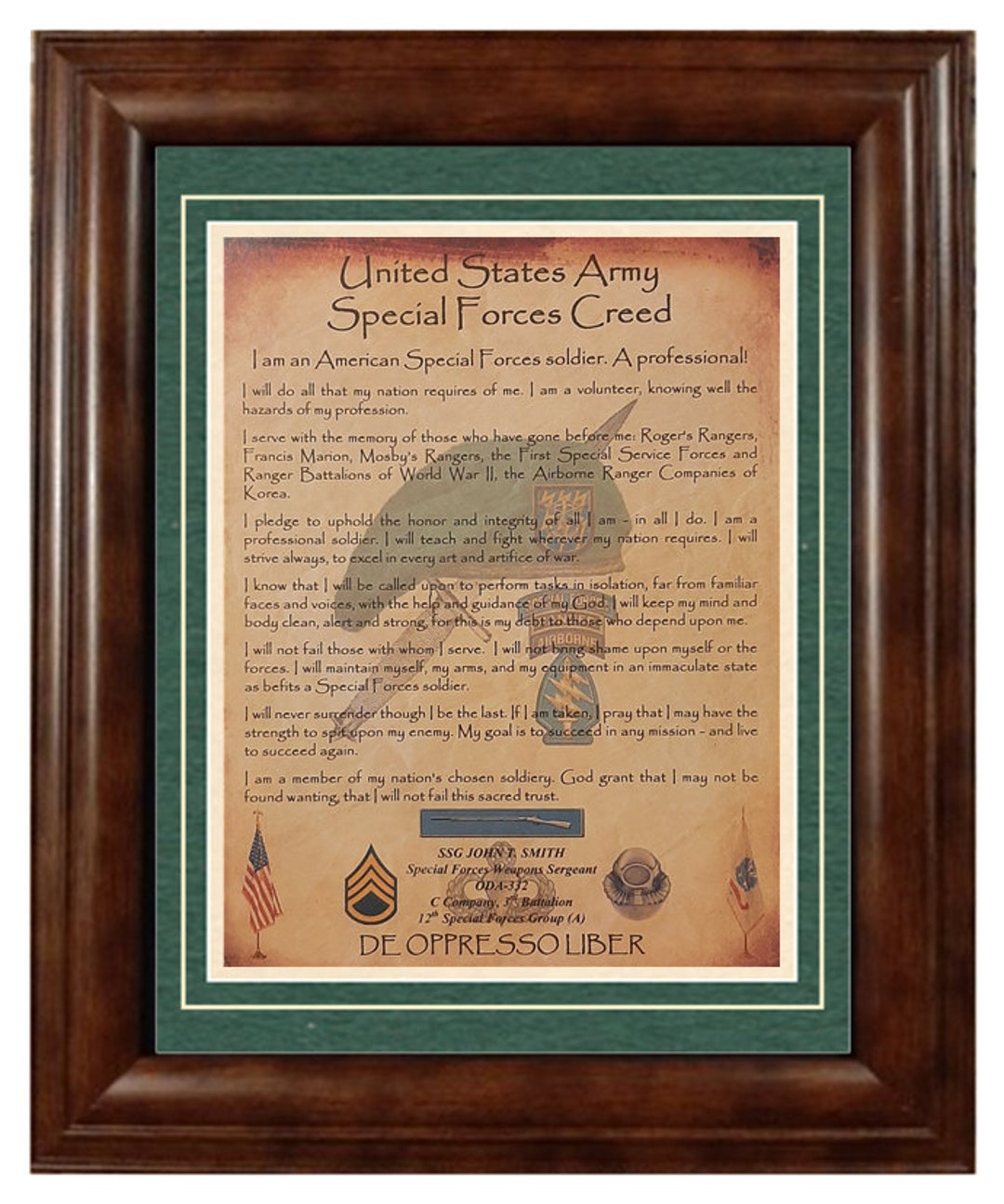 BEST U.S. Army Special Forces Creed Green Beret Aged Parchment Framed