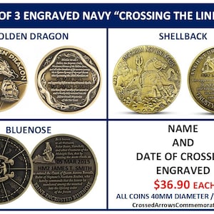 May include: Four engraved navy "Crossing the Line" coins. The coins are golden in color and feature detailed designs, including a dragon, Neptune, and an anchor. The text "Golden Dragon", "Shellback", and "Bluenose" are displayed above the coins. Each coin is 40mm in diameter and 3mm thick.