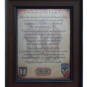 BETTER U.S. Army Paratrooper Airborne Rule of the LGOP&#39;s Aged Parchment Framed PERSONALIZED (with Airborne Coin Option)