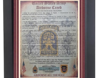 BEST U.S. Army Airborne Creed: 509th Parachute Infantry Regiment Geronimo Paratrooper Framed & Matted PERSONALIZED with Coin Option