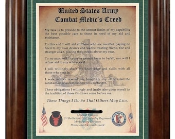 BEST U.S.  Army Combat Medic's Creed Aged Parchment Matted PERSONALIZED (with Coin Option)