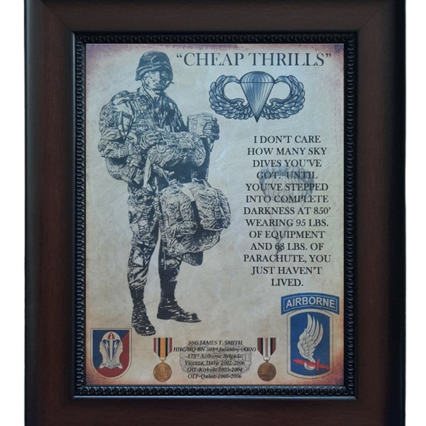 BETTER U.S. Army Paratrooper "Cheap Thrills":  173rd Airborne Brigade "Sky Soldiers" Aged Parchment PERSONALIZED (with Airborne Coin Option)