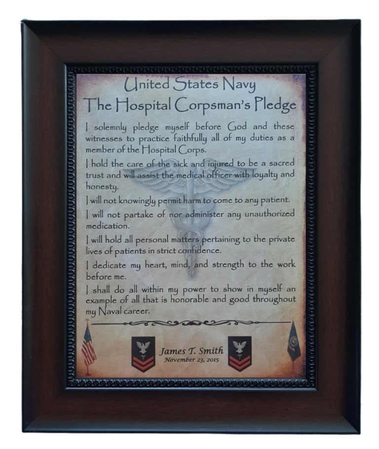 BETTER U.S. Navy Hospital Corpsman's Pledge Framed PERSONALIZED