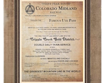 Old West: Colorado Midland Railway Pikes Peak Route Advertisement Reproduction Printed on Aged Parchment Custom Matted and Framed (F5)