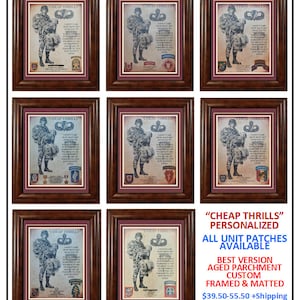 BEST U.S. Army Airborne Paratrooper &quot;Cheap Thrills&quot;: ALL Units Available Framed Matted PERSONALIZED (with Airborne Coin Option)