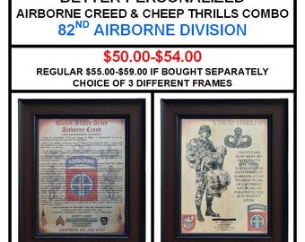 Puede incluir: Combo de obras de arte enmarcadas con el Credo Aerotransportado y una impresión de "Cheap Thrills". Los marcos son de color marrón oscuro. El texto incluye "82nd Airborne Division" y "Airborne All The Way!"