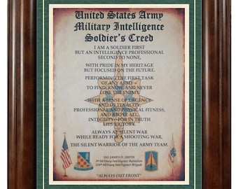 BEST U.S. Army Military Intelligence Soldier's Creed Aged Parchment Matted PERSONALIZED (with Coin Option)