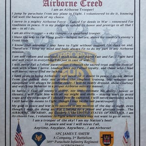 NICE or BETTER U.S. Army Paratrooper Airborne Creed: 509th Parachute Infantry Geronimo PERSONALIZED (with Airborne Coin Option)