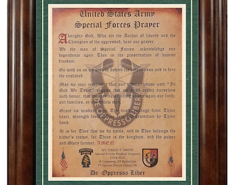 La mejor oración de las Fuerzas Especiales del Ejército de EE. UU. Boinas Verdes. Todos los grupos disponibles. Pergamino envejecido. Enmarcado. Con paspartú. Personalizado.