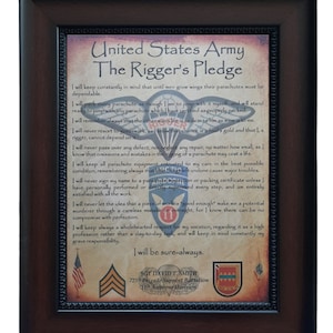 BETTER U.S. Army Airborne Rigger's Pledge Aged Parchment Framed PERSONALIZED (with Airborne Coin Option)