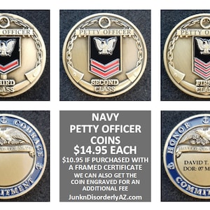 May include: Six gold-colored Navy Petty Officer coins with different ranks: Third Class, Second Class, First Class, and three blank coins with the words "Honor, Courage, Commitment" and the text "United States Navy".