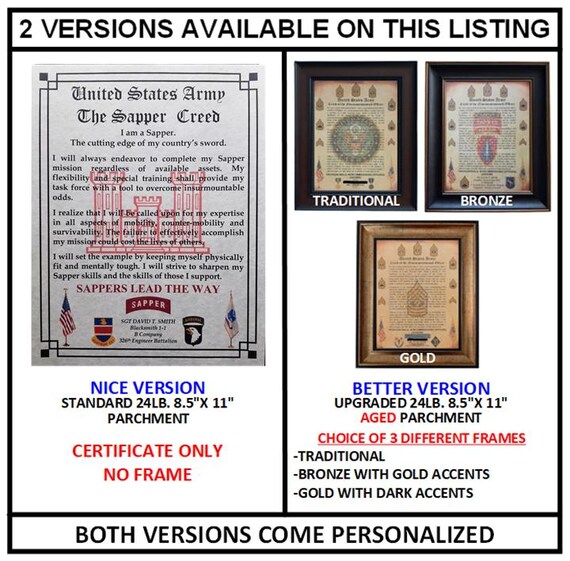 NICE or BETTER U.S. Army Sapper Creed PERSONALIZED (with Coin
