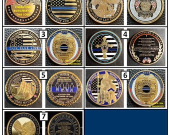 May include: Ten gold-colored challenge coins with various designs. The coins feature the American flag, a police officer's badge, a cross, and a prayer. The coins are all about 1.5 inches in diameter.