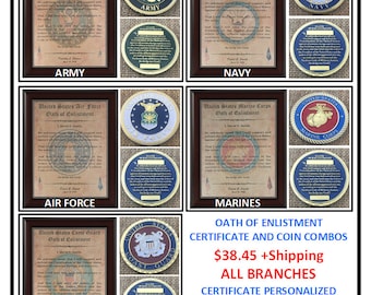 BETTER U.S. Military Oath of Enlistment Coin & Certificate All Branches Aged Parchment PERSONALIZED (Engraving Available)