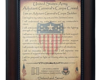 BETTER U.S. Army Adjutant General's Corps Creed Aged Parchment PERSONALIZED (with Coin Option)