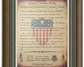 BEST U.S.  Army Adjutant General's Corps Creed Aged Parchment Framed & Matted PERSONALIZED (with Coin Option)
