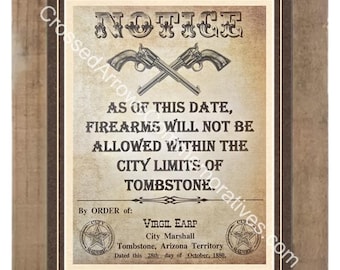 Old West No Firearms: Tombstone Virgil Earp Printed on Aged Parchment Custom Matted and Framed (F5)