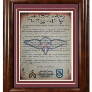 BEST U.S.  Army Airborne Rigger's Pledge Framed Matted PERSONALIZED (with Airborne Coin Option)