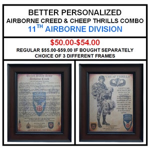 BETTER U.S. Army Paratrooper Airborne Creed & "Cheap Thrills": 11th Airborne Division Aged Parchment PERSONALIZED (with Coin Option)