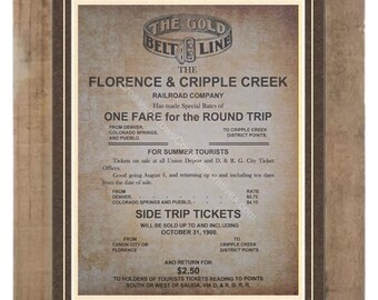 Old West: Florence and Cripple Creek Railroad Advertisement #1 Reproduction Printed on Aged Parchment Custom Matted and Framed (F5)