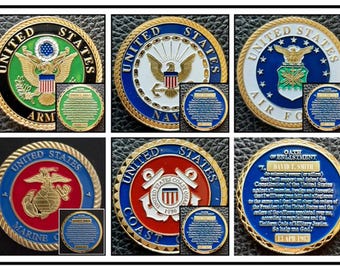 Challenge Coin: U.S. Military Oath of Enlistment Army Navy Marines Air Force Coast Guard (Engraving Available)
