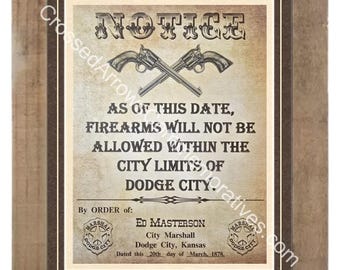 Old West No Firearms: Dodge City Ed Masterson Printed on Aged Parchment Custom Matted and Framed (F5)