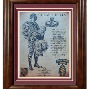 BEST U.S. Army Airborne Paratrooper &quot;Cheap Thrills&quot;: Special Forces All Groups Framed Matted PERSONALIZED (with Airborne Coin Option)