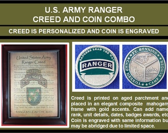 BETTER U.S. Army Ranger Creed Aged Parchment PERSONALIZED and ENGRAVED Ranger Coin