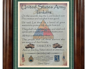 BEST U.S. Army "Tankers" Aged Parchment Framed & Matted PERSONALIZED (with Coin Option)