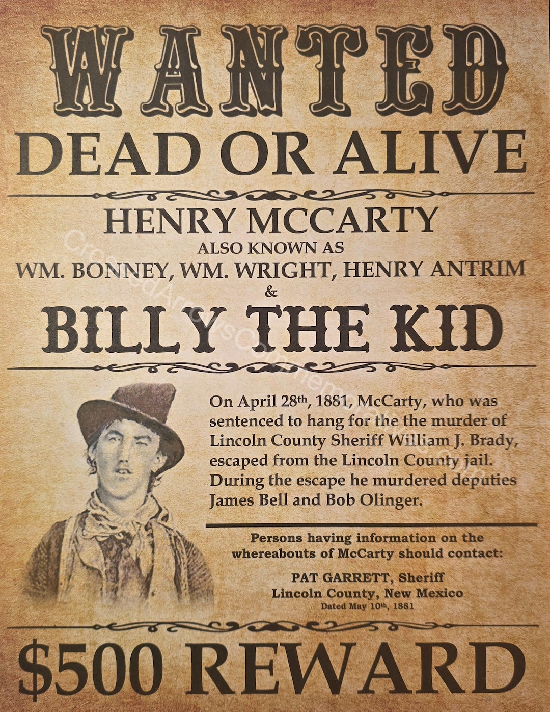 Old West Wanted Poster: Billy the Kid (modern Reprint) - Etsy