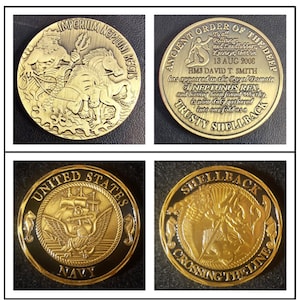 May include: Four gold-colored coins with black accents. One coin features Neptune riding a seahorse, another has text about the Ancient Order of the Deep. The third coin displays the US Navy emblem, and the fourth coin has a globe design with the words "Crossing the Line."