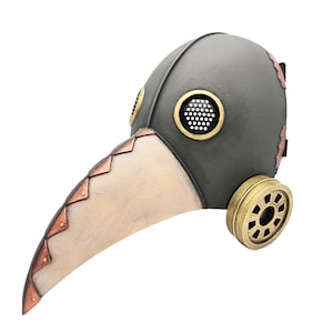 May include: A gray and bronze plague doctor mask with a long, curved beak. The mask features circular eye openings with mesh, and a circular filter on the side. The beak has bronze accents.