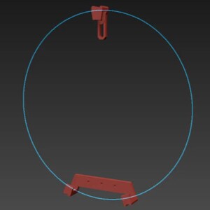 May include: A red metal stand with a circular metal hoop attached to the top. The hoop is suspended from a hook.