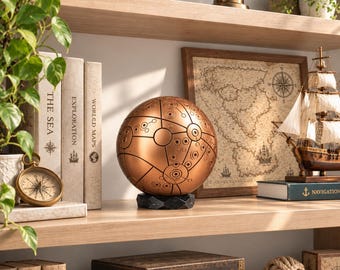 May include: A spherical copper-colored decorative object featuring intricate black etched lines and circular patterns, resting on a black faceted base. The surface displays a complex network of interconnected geometric shapes and small dots.