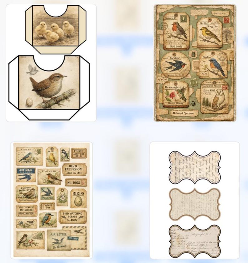 Vintage Bird Ephemera Kit – 66 Printable Pages, Junk Journal, Tags ...