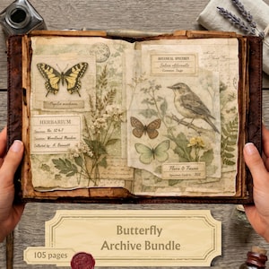 May include: An open vintage-style book featuring botanical and entomological illustrations. The pages display a yellow butterfly, a bird on a branch, pressed flowers, and handwritten text labels including Herbarium and Botanical Specimen.