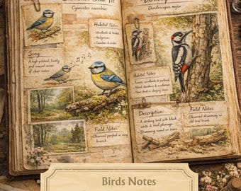 May include: An open book featuring illustrations and notes about birds, including a Eurasian Blue Tit and a Woodpecker. The pages contain handwritten text, sketches of forest landscapes, and habitat notes, all presented in a vintage, aged paper style.