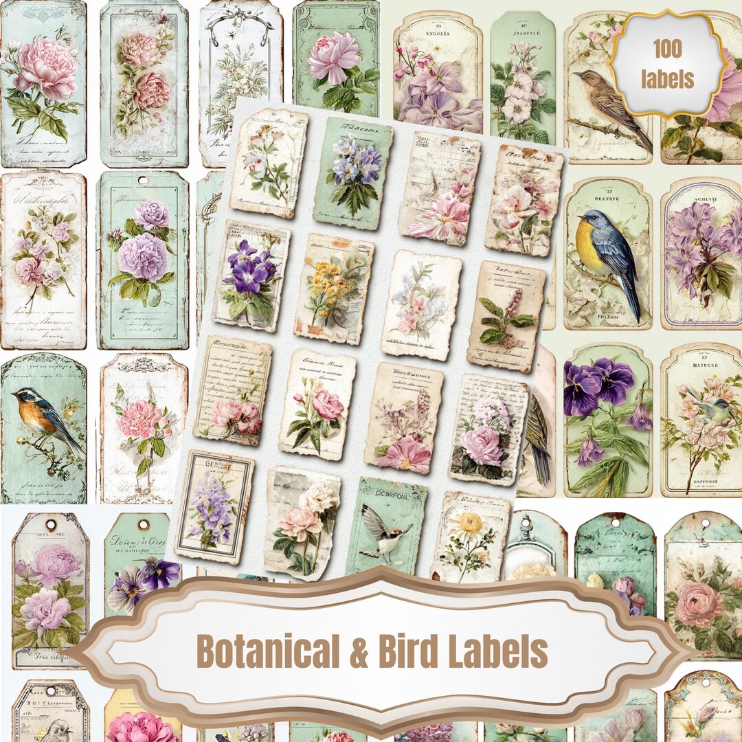 Vintage Botanical Labels , 100 Birds & Flowers Tags ,ephemera Pack ...