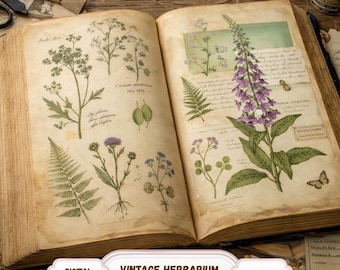 Páginas de herbario vintage: imprimibles para diario botánico, ilustraciones de plantas antiguas, kit para diario basura de estudio de la naturaleza