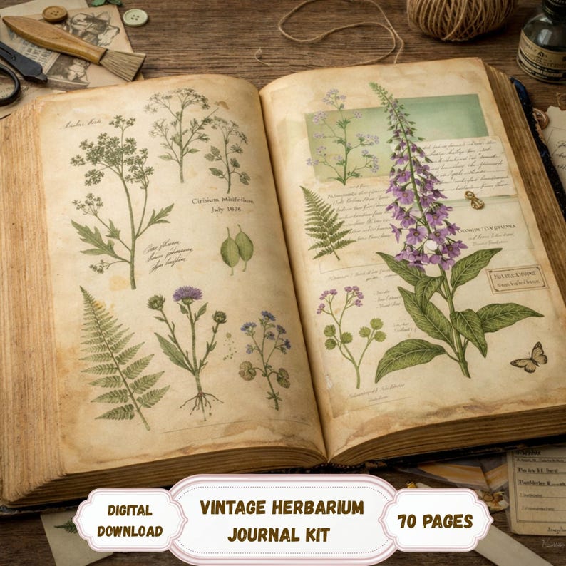 Vintage Herbarium Pages – Botanical Journal Printables, Antique Plant Illustrations, Nature Study Junk Journal Kit image 1