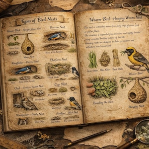 Pode incluir: Um livro antigo aberto intitulado Types of Bird Nests apresentando ilustrações detalhadas de várias estruturas de ninhos, incluindo ninhos em tocas, plataformas, taças e suspensos, junto com descrições de texto e desenhos de aves.