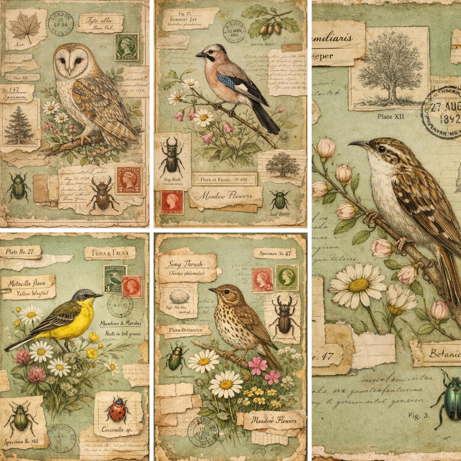 Vintage Bird Ephemera Kit – 66 Printable Pages, Junk Journal, Tags ...