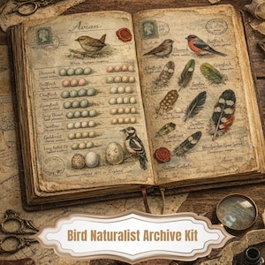 Bird Naturalist Archive, Vintage Avian Journal Kit, – 116 Printable Junk Journal Digital Download Pages , Ephemera